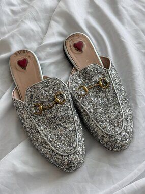 Gucci Silver Glitter Horsebit Mule Loafers Size 37